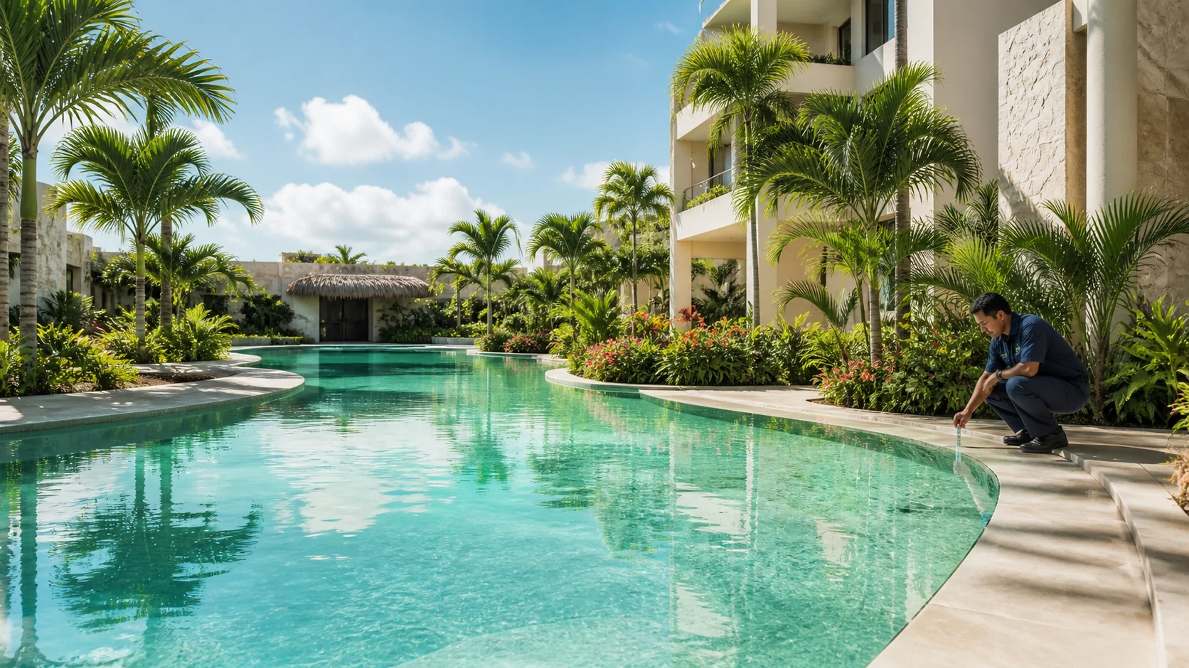 Mantenimiento de alberca y áreas verdes en un condominio tropical